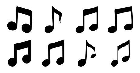 Fototapeta na wymiar Black musical notes icon set collection - Minimalist set of black music notes icons arranged in two rows for creative projects, designs, or presentations.