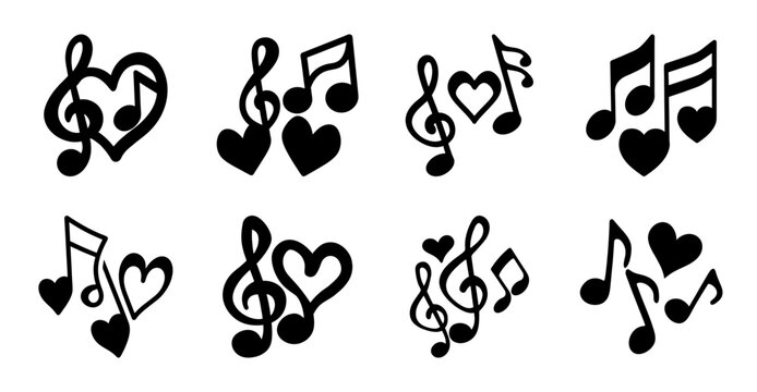 Flat music notes and heart icons set - Collection of playful black flat icons featuring musical notes and heart shapes, perfect for music, love, or creative projects.