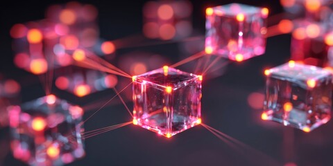 Naklejka premium Digital representation of interconnected glowing cubes in a network environment with vibrant lights and a technological feel