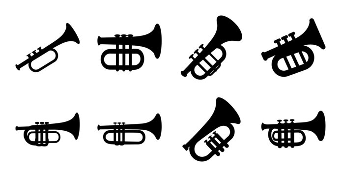 Black brass instruments set icon collection - A clean set of black and white brass instruments including trumpets and trombones arranged neatly for use as icons or graphics.
