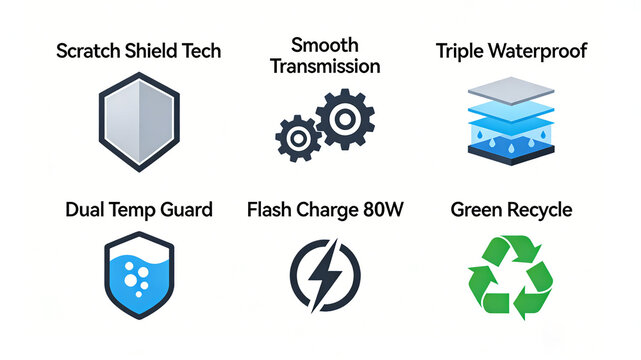 Protective shield, gear and waterproof layer icon, scratch resistant protection, smooth transmission, triple waterproof, dual temperature protection, 80W flash charging, green recyclable.
