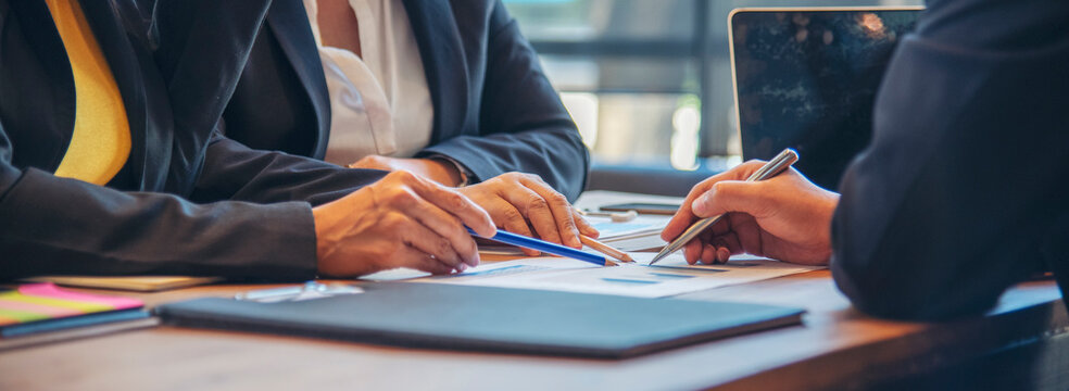 Banner Mission team meeting team BusinessPeople teamwork with copy space. Banner Business strategy team report chart, graph, infographic data analyze financial report plan. Teamwork collaborate