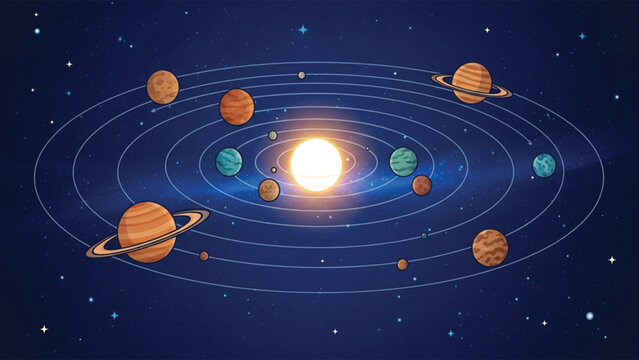 A colorful illustration of the solar system with planets and stars in a deep blue space background with white orbits around the sun,.