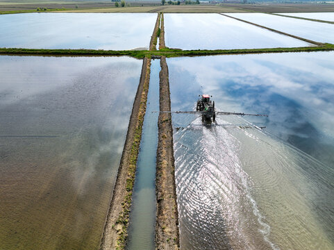 Aerial view of flooded rice fields with a tractor working in the water and sky reflections in Trino, Piedmont, Italy.