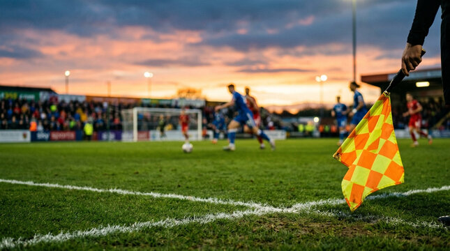 Close-up of an assistant referee's hand holding a checkered yellow and red flag on a soccer field sideline during a match at sunset with players and a goal in the blurred background.
