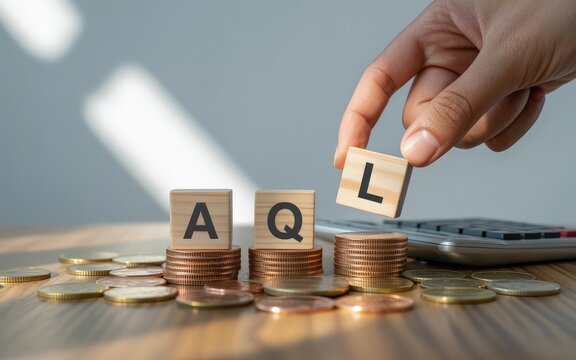 Hand placing wooden letter block spelling AQL on top of stacked coins representing financial investment or savings concept