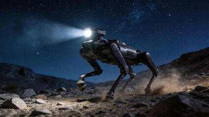 Fototapeta premium Robotic Dog Exploration: A sleek, metallic robotic dog strides confidently across a rugged terrain, its powerful spotlight cutting through the darkness, under a starlit sky.