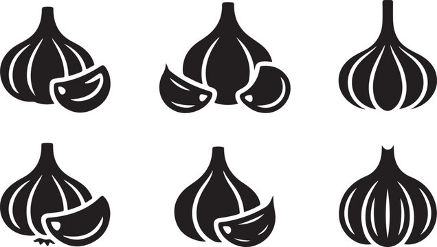 Black and white garlic bulb vector icons set