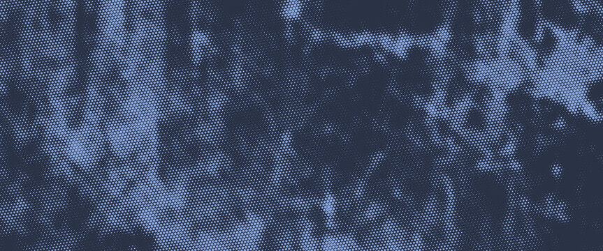 Hexagonal grid halftone pattern semi circle arc border ultra wide 32:9 aspect ratio deep blue vector abstract background. Hexagon half tone panoramic ultrawide format futuristic technology abstraction