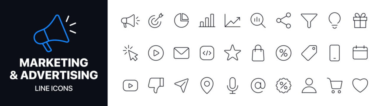 Clean marketing and advertising line icons vector set featuring business, promotion, analytics, and communication symbols. Ideal for web design, apps, presentations, and digital marketing platforms.