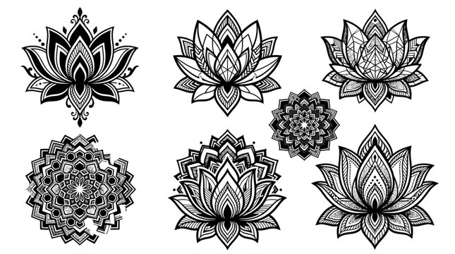 Black and white lotus flowers and mandalas tattoo designs