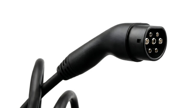 Electric vehicle charging plug with multiple pins for power connection and a coiled cable for flexibility and storage PNG Isolated on transparent background