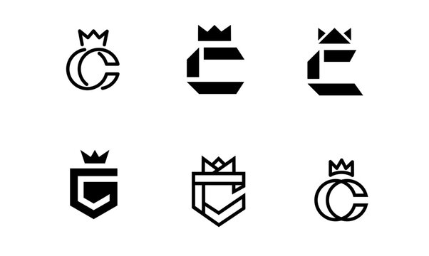 Collection of Letter C Crown Logo Designs. Modern, Geometric and Line Art Royal Initial C Logotypes for Branding and Business Identity.