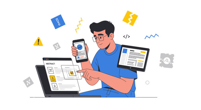 Developer designing user interface on multiple devices, coding concept