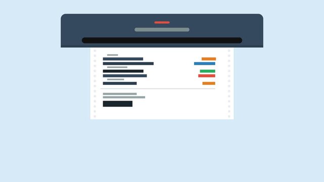 Flat Vector Office Printer Outputting Financial Invoice Document with Colorful Data Charts for Business Accounting and Professional Efficiency