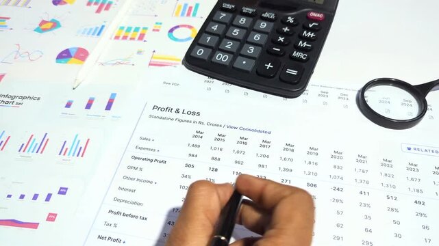 corporate accountant analyzing profit and loss statement with calculator and financial data charts for business audit