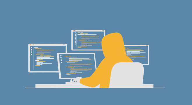 Programmer Working on Multiple Monitors, Coding and Software Development Concept