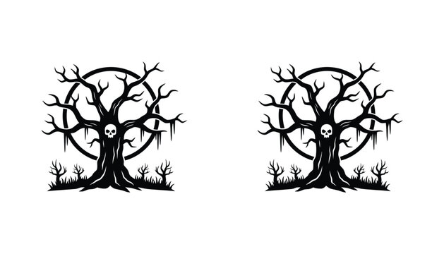 Spooky twisted Halloween tree with skull emblem design featuring gnarled branches and eerie small trees surrounding a circular frame vector illustration