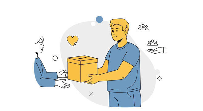 Giving help, volunteer hands, donation box, community support, charity concept