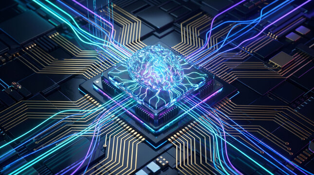 Artificial intelligence AI neural network digital brain machine deep learning processing big data analysis technology connection mining chipset on circuit board futuristic 3D rendering


