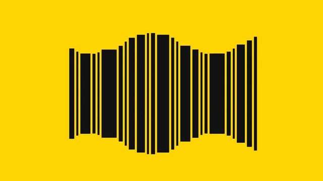 Abstract warped black barcode graphic on bright yellow background for retail commerce data and digital security identification in a modern style