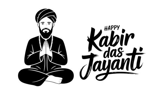 Happy Kabir Das Jayanti hand lettering design with black silhouette of Saint Kabir Das sitting in prayer pose wearing turban, perfect for Indian festival posters, religious banners, and cultural 