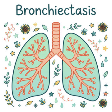 Cartoon illustration of lungs with blooming sunflowers and bees, symbolizing bronchiectasis as cut out PNG