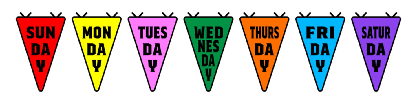 Vector illustration of colorful pennant banners representing the days of the week from Sunday to Saturday.