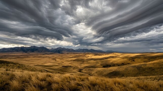 Dramatic asperitas clouds over rolling golden hills, stormy sky above mountain range landscape, dark ominous weather over rural prairie