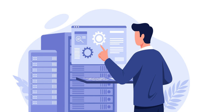 IT professional managing server data center with digital interface and network hardware