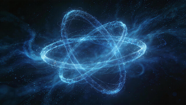 Molecular Nucleus: The illustration presents a detailed visual of a molecular nucleus, composed of a series of luminous orbital rings, surrounded by a captivating array of vibrant energy particles.
