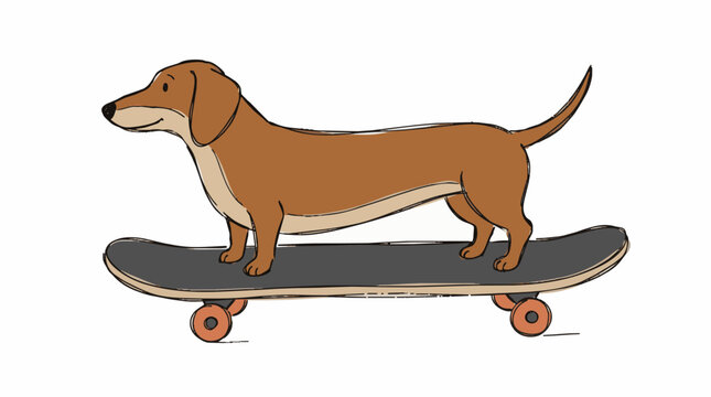 Dachshund Dog Skateboarding on a White Background.