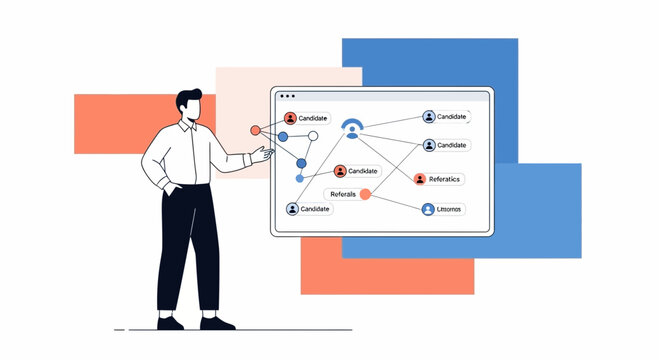 Man Interacting with Network Graph of Candidates and Referrals