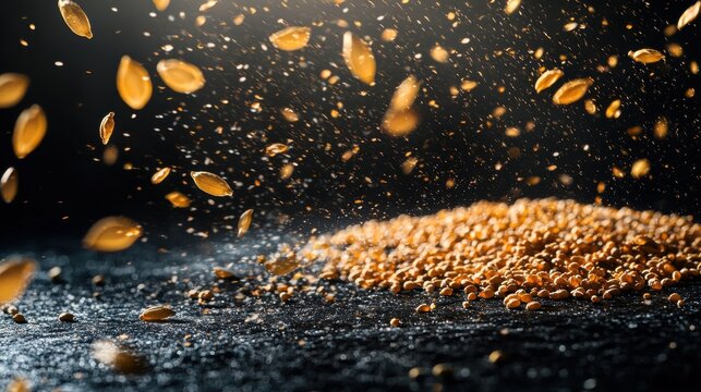 Cumin seed bounce movement showing seeds bouncing and scattering across dark textured surface with backlighting creating golden glow and motion blur in food photography