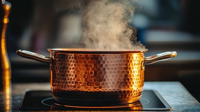 Copper pot heating on induction cooktop with dramatic steam rising from hammered texture surface creating atmospheric cooking dynamics in modern kitchen