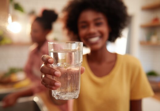 Close-up of a woman's hand holding a glass of water, with a blurred background.