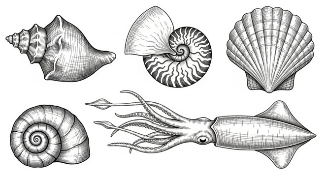 Collection of Marine Life Illustrations in Sketch Style.