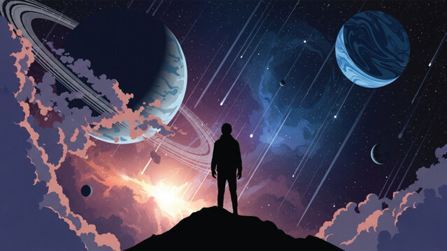 Man standing on a hill looking at planets and stars in space with a bright sun.