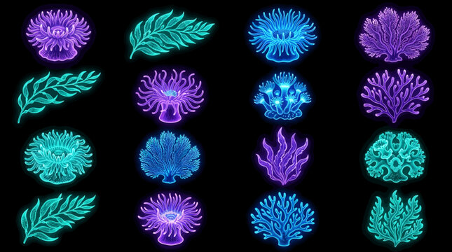 neon coral reef elements glowing purple blue green seaweed