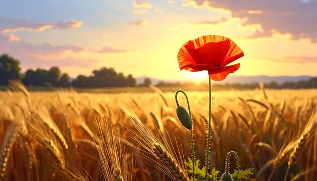 A single red poppy stands tall amidst a sun-kissed field of golden grain, with a glowing sunset backdrop