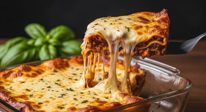 Delicious homemade lasagna with melted cheese being lifted with a spatula