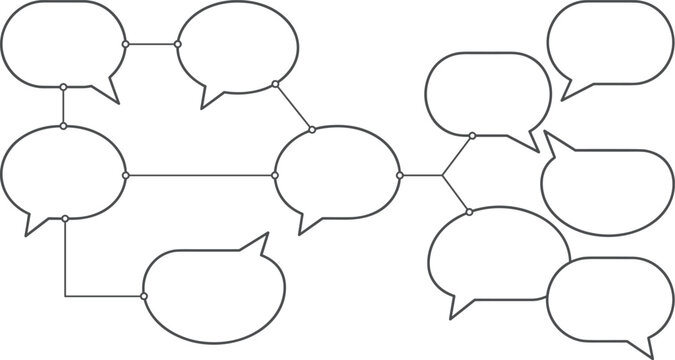 Arrangement of empty speech bubbles and thought balloons connected by lines, creating a diagram for brainstorming, communication, ideas, notes, and planning in a simple vector illustration on a checke
