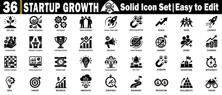 Startup growth, solid icons, seed idea, funding, fundraising success icons.