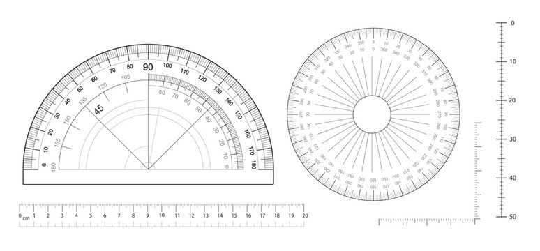Isolated vector illustration of a compass and protractor on paper for engineering design, a scale measurement tool used in school geometry and architecture drawing plans