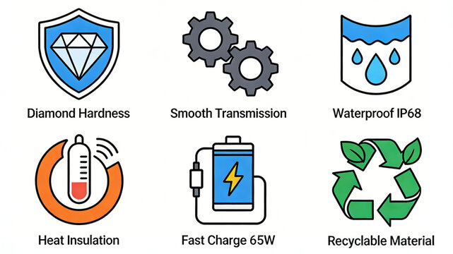 Diamond shield, gear and water droplet icon, diamond grade hardness, smooth transmission, IP68 deep waterproof, thermal insulation, 65W fast charging, recyclable material.
