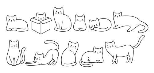 Cute cat doodle vector illustrations in minimal black and white line art with a minimal, sketch-style aesthetic, featuring various poses. © JungleOutThere