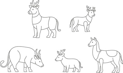 Fototapeta premium Deer, Rhinoceros, Llama and Line Art, Isolated