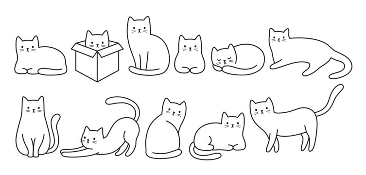 Cute cat doodle vector illustrations in minimal black and white line art with a minimal, sketch-style aesthetic, featuring various poses.
