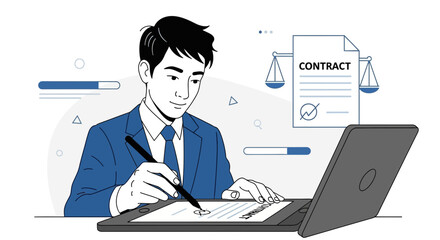 Naklejka premium Businessman Signing Digital Contract on Tablet with Laptop and Scales of Justice