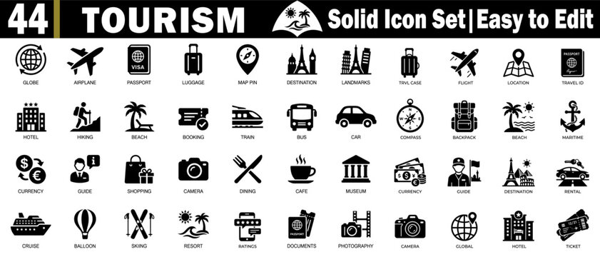 Tourism solid icon set for vacation planning and global travel guide.